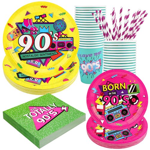 90s Birthday Party Supplies Decorations, 90's Theme Birthday Paper Plates and Napkins Set with Cups and Straws for 24 Guests, 120 Pcs Disposable Party Dessert Dinnerware