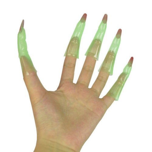Halloween Witch Fingers Fake Nails by Hello Halloween | Green Glow-in-the-Dark Spooky Witches Fingers w/ Scary Red Nails | Halloween Props Costume Fingers | 10 Spooky Fingers, Approx. 3.5” Long Each