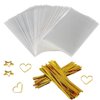 COOLAKE Clear Treat Bags 100 PCS Cellophane Bags Clear Candy Bags with 100 PCS Metallic Twist Ties For Kids Birthday Candy Popcorn Gift Cookie Small (4''by 6'')