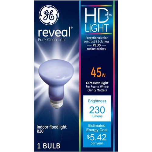 GE Lighting Reveal HD R20 Indoor Flood Light Bulb, Dimmable, 45-Watt, 230 Lumen, Medium Base, 1-Pack