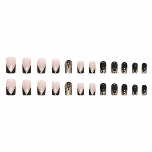 MISUD Medium Square Press on Nails Squoval Fake Nails Black French Tip Artificial Acrylic Nails Glossy Glue on Nails Gold Bling Glitter Stick on False Nails with Design 24 pcs