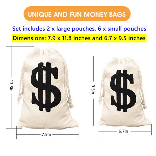 Canvas Money Bag Prop Pack of 8 – Coin Bags for Bank – Durable and Comfortable – Game for kids, Ideal for Party Favors, Movie Props, Cosplay, Halloween