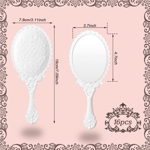 Yalikop 16 Pcs Retro Hand Held Mirror Vintage Handheld Mirror Vanity Cute Hand Mirror Oval Decorative Hand Held Mirror with Handle Compact Travel Mirror Makeup Mirror for Girls (White)