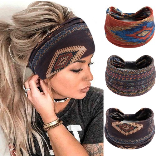 FULZTEY Boho Headbands for Women Wide Knotted Head Bands African Floral Printed Turban Striped Bandanas Stretchy Workout Yoga Hairbands Fashion Hair Accessories for Girls 3Pcs