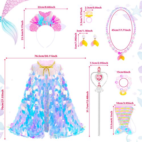 LIMIROLER Princess Dress Up Toys Princess Dress Up Clothes Rainbow Mermaid Cape Kit 9 Pcs Gift Set for Little Girls 3-8 Years Old, Great Gift Set for Birthday Christmas Halloween (Rainbow Pink)