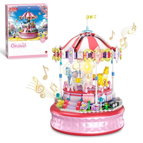 WINGIFT 591 Piece Mini Music Box Building Block Set,Rotating Carousel DIY Building Toy,Girl Amusement Park Building Block Kit,STEM Educational Toys,Christmas Birthday Gifts for Girls Boys Ages 6-12+