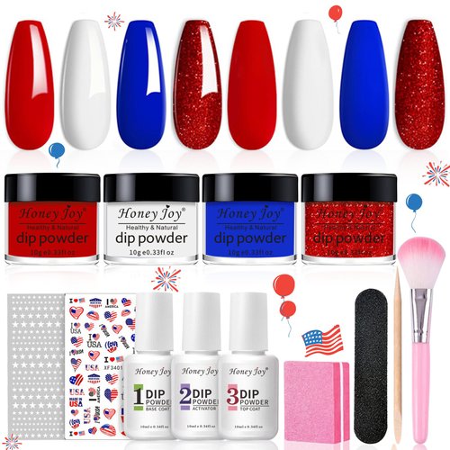 Honey Joy Dip Powder Nail Kit Starter,4 Colors Red White and Blue Nails Fourth of July Firework D...