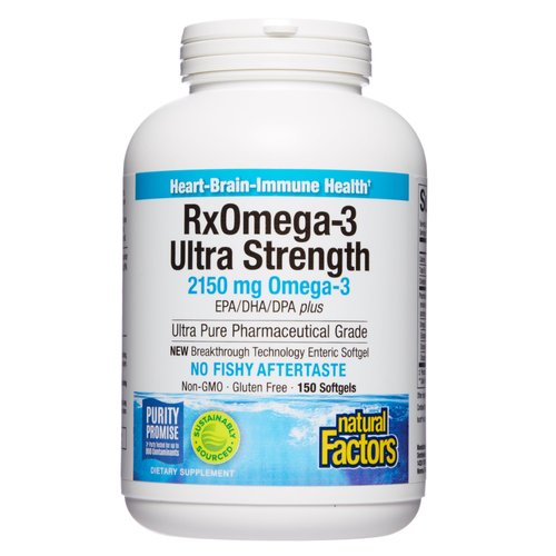 Natural Factors, Ultra Strength RxOmega-3 Fish Oil, High Potency Formula, 2,150 mg Omega-3 Per Serving, No Fishy Aftertaste, 150 Softgels