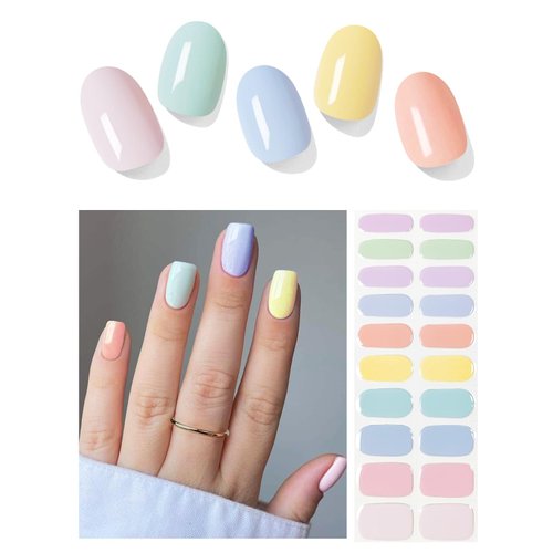 AutyaMee Semi Cured Gel Nail Strips (Macaroon Candy)-20 PCS Spring Gel Nail Stickers | Works with UV Light | Summer Gel Nail Wraps, Salon Quality & Easy to Use