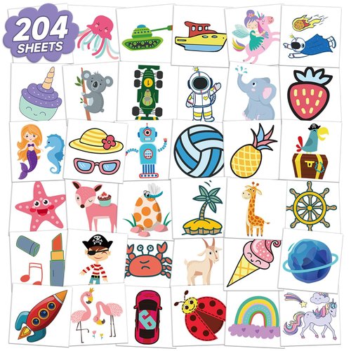 EMOME 204 Sheets Individually Wrapped Tattoos for Kids, Kids Temporary Tattoos for Birthday Party Favors Supplies Goodie Bag Stuffers, Waterproof Kids Fake Tattoos Stickers