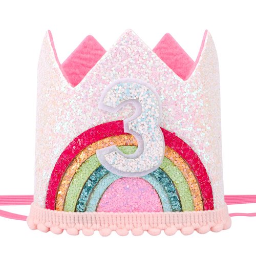 SuPoo Glitter 3rd Birthday Hat Headband 3rd Birthday Decorations for Girl Rainbow Birthday Crown for Girls Princess Tiara Elastic Hairbands 3 Year Old Happy Birthday Party Cap Decorations Accessories