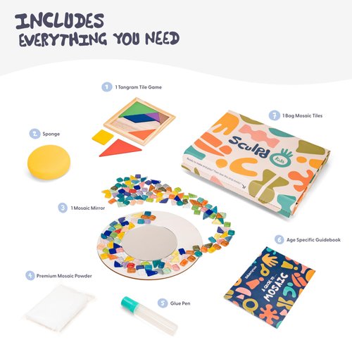 Sculpd Kids Mosaic Kit, Painting Craft Set for Kids Age 7+, Pottery, Includes Mosaic Tiles, 1 Tangram Tile Game, 2 Bags of Plaster, Additional Crafting Supplies & 1 Mirror, Montessori Education