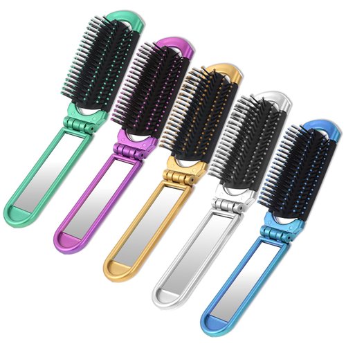 Folding Hair Brush with Mirror, 5 Pcs Travel Hair Brush Portable Compact Hair Brush, Small Hair Brush for Purse Hair Massage Comb Hair Styling Tools for Women Home, Trip, Gym, Swimming (5 Colors)