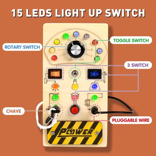 Joyreal Toddler Busy Board, Wooden Montessori Busy Board Sensory Board with LED Light Switch, Sensory Toys Baby Fidget Board Travel Toys for 1+ Year Old Baby and Toddler