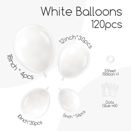 Awenztech 120pcs White Balloon Arch Kit, 18 12 10 5 inch White Latex Balloons Different Sizes White Balloon Garland for Engagement Bachelorette Bridal Shower Wedding Party Birthday Decorations