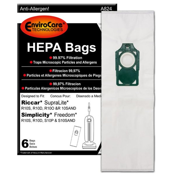 EnviroCare Replacement HEPA Vacuum Cleaner Bags Designed to fit Riccar SupraLite and Simplicity Freedom Upright Vacuums with Green Bag Holder 6 pack