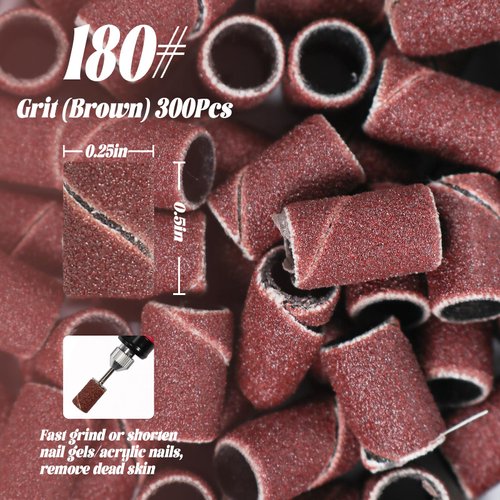 InnoLife - 300pcs Grit 180# Nail File Sanding Bands Replacement for 3/32" Shank Size Nail Drill Bits Fit