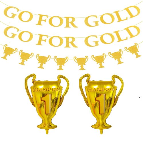 Glitter Go For Gold Party Decorations Banner with Streamers Champion Trophy Balloons for Sport Themed Party Decorations