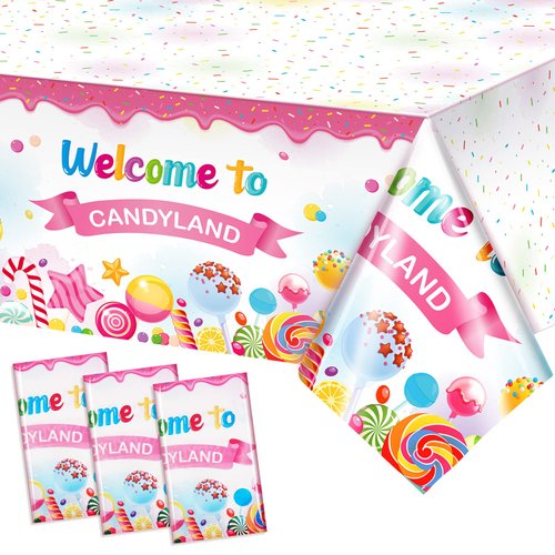 Tatuo 3 Pcs Candyland Party Decorations Candyland Tablecloth Candy Theme Plastic Table Cover Candy Land Lollipop Decorations for Birthday Party Baby Shower Candy Land Party Supplies