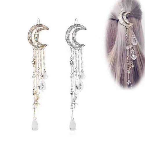 Erimberate Bohemian Hair Accessories - Moon Star Hair Clip with Paved Crystals, Silver Dangle Rhinestone Tassel Headclip for Women and Girls (Silver)