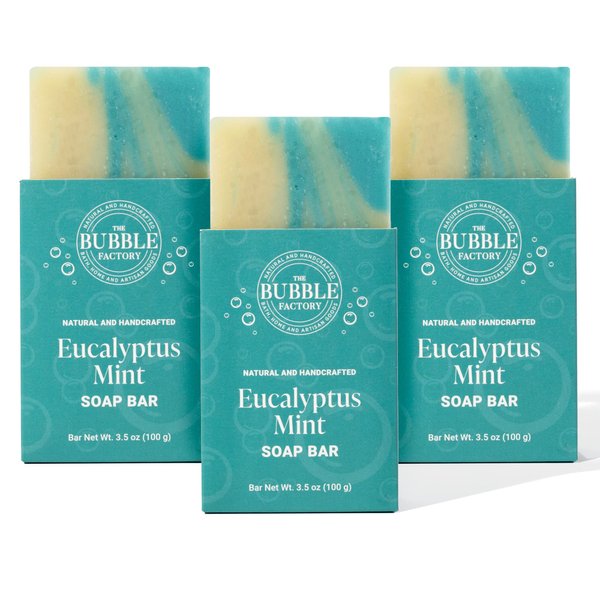 The Bubble Factory Eucalyptus Mint - Handmade in the USA, Palm Oil Free, All Natural Bar Soap, 3 Bars