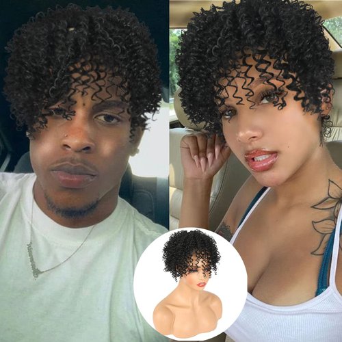 CINHOO Wiglets Hairpieces for Thinning Hair Toppers for Women with Thinning Hair Clip in Bangs Mens Hair Piece Toppers for Women Finger Coil Hair Units Afro Wigs for Women Black Curly Half Wig(1B)