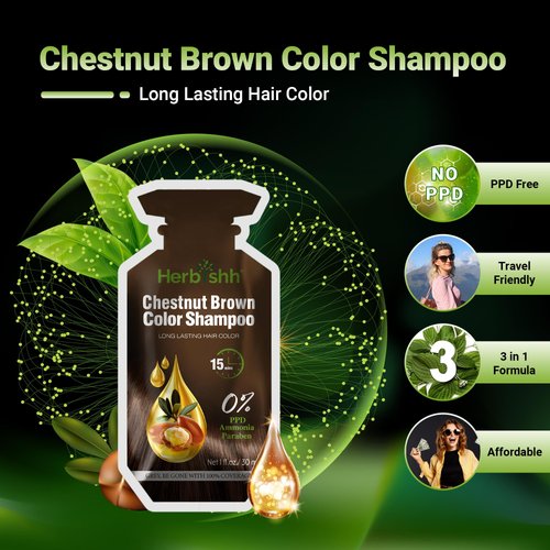 Herbishh Hair Color Shampoo 10 Sachet +1 Argan Hair Mask Pouch | 3 in 1 Hair Dye | PPD Free | Easy to Use | Gray Coverage | Travel Size | Available in 6 Colors | (Chestnut Brown)