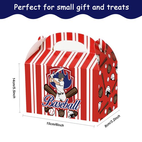 chiazllta Baseball Party Favor Treat Boxes Gift Boxes Baseball Candy Cookies Snack Goody Cardboard Box with Handles for Kids Sports Party Supplies Decorations, 12 Pcs