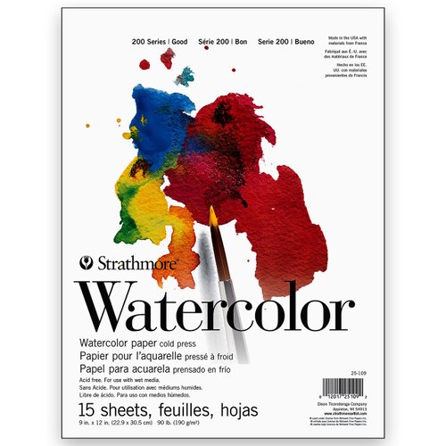 Strathmore 200 Series Watercolor Paper, Tape Bound Pad, 9x12 inches, 15 Sheets (90lb/190g) - Artist Paper for Adults and Students - Watercolors, Mixed Media, Markers and Art Journaling