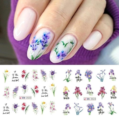 Flower Nail Art Stickers, Flower Nail Decals Water Transfer Nail Art Supplies Summer Lily Orchid Butterfly Small Floral Flowers Colorful Designs Floral Nail Tattoo Stickers for Women Girls(12Sheets)