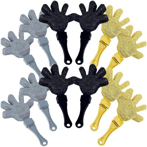 Sparkling Black, Silver & Gold Glittered Plastic Hand Clappers Value Pack - 7" (Pack of 12) - Ideal Party Favors for Celebrations & Events