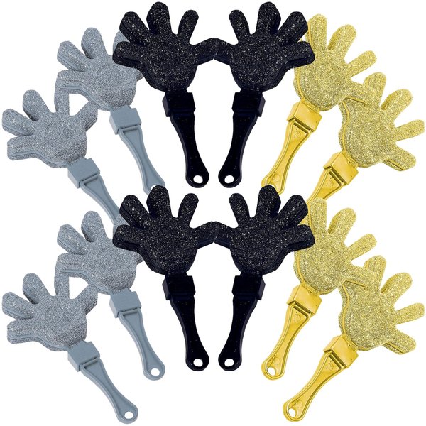 Sparkling Black, Silver & Gold Glittered Plastic Hand Clappers Value Pack - 7" (Pack of 12) - Ideal Party Favors for Celebrations & Events