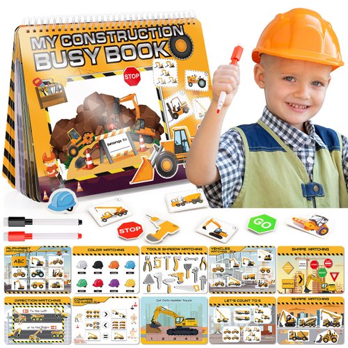 Boy Toys Montessori Toys for Toddlers, Construction Vehicle Busy Book Kindergarten Learning Toys for 3-5 Year Olds Boys Girls Birthday Xmas Gifts for 3-5 Year Olds Boys Girls Autism Sensory Toy