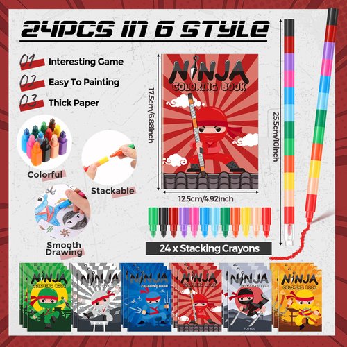 Motipuns 24 Ninja Coloring Book with 24 Stacking Crayons for Kid Mini Drawing Book Bulk Party Favor for Valentine's Day Party Supplies Goodie Bag Stuffer Carnival Prize Classroom Gift