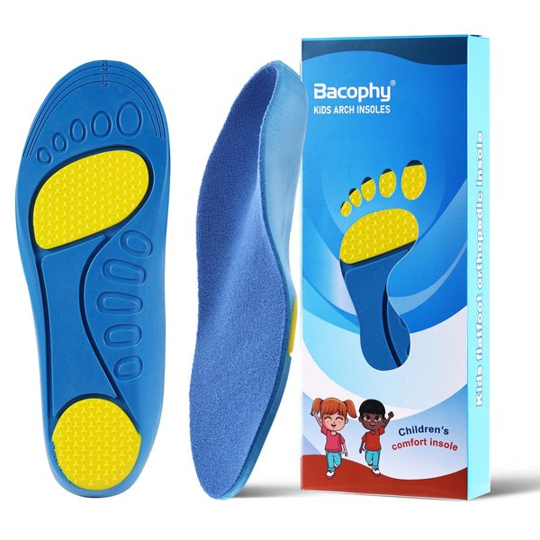 Bacophy Kids Orthotic Arch Support Shoe Insoles, Children Pu Cushioning Inserts, Shock Absorption Velvet Surfaces Deep Heel Cup Inner Sole for Flat Feet, Plantar Fasciitis, Feet Heel Pain Relief Blue