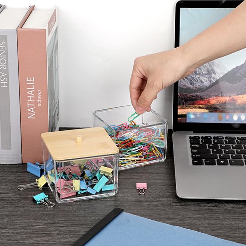 BTSKY Clear Stackable Paper Clip Holder with Bamboo Lid 2-Layer Paperclip Box Thick Acrylic Office Supply Accessory Organizer Square Small Storage Holder Cute Qtip Holder for Office Bathroom Vanity