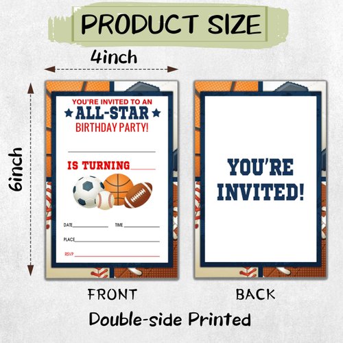 Sports Style Fill-In Birthday Invites(4"x6"), All Star Birthday Invitations with Envelopes(20-Pack), Birthday Party Supplies for Boys & Girls, Teen, Kids-A04