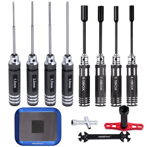 HobbyPark Hex Driver Set (1.5mm 2.0mm 2.5mm 3.0mm), Hex Nut Driver Set(4.0/5.5/7.0/8.0mm) Screwdriver Kit, 17mm Wheel Wrench, RC Screw Tray, Turnbuckle Wrench, RC Repair Tools Kit for RC Cars