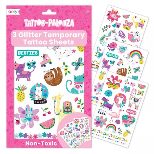 Ooly 50 Glitter Temporary Tattoos For Kids, Safe & Non-Toxic Kids Temporary Tattoo, Kids Party Favors for Kids 4-8, Goodie Bag Stuffers for Kids party Favors & Fun Birthday Decorations [Fun Friends]