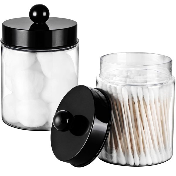 Apothecary Jars Bathroom Vanity Storage Organizer Set -Countertop Canister Plastic Acrylic Jar - Farmhouse Decor Qtip Holder for Cotton Swabs,Makeup Sponges,Flossers,Paper Clips -Black(2)