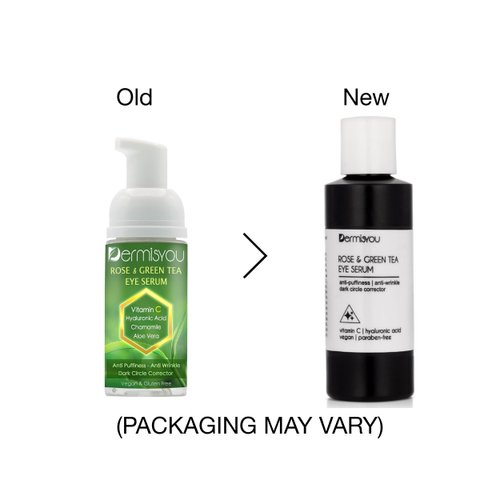 Dermisyou Eye Serum Anti Aging Rose and Green Tea 1.33 OZ with Hyaluronic Acid, Vitamin C and E Anti Puffiness, Anti Wrinkle, Dark Circles Skin Care Products (PACKAGING MAY VARY)
