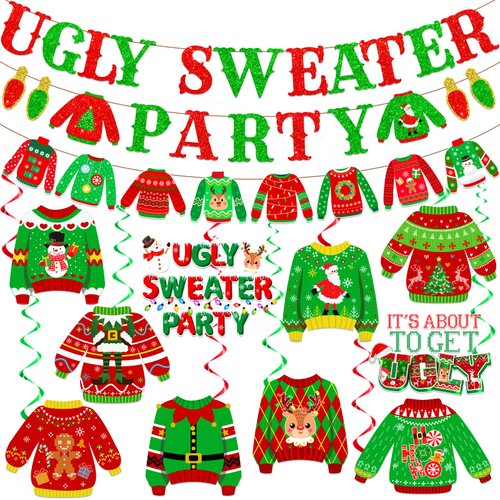 Ugly Sweater Party Decorations, Ugly Christmas Sweater Party Supplies Includes Ugly Sweater Party Banner and Red Green Ugly Sweater Decorations Hanging Swirls for Ugly Sweater Christmas Party