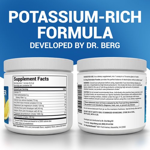 Dr. Berg Zero Sugar Hydration Keto Electrolyte Powder - Enhanced w/ 1000 mg of Potassium & Real Pink Himalayan Salt (NOT Table Salt) - Raspberry & Lemon Flavor Hydration Drink Supplement - 50 Servings