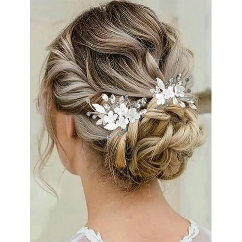 Heread Flower Bride Wedding Hair Pins Silver Leaf Bridal Head Piece Crystal Hair Accessories for Women and Girls (Pack of 2)