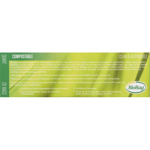 BioBag 100% Certified Compostable Resealable Food Storage Bags, 20 Count, Quart, Perfect for Refrigerator