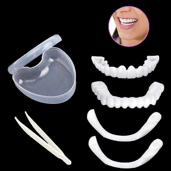 Shxxyljh 1Set Dentures Veneers Tooth,Temporary Smile Snap Tooth,Dental Care Kits for Anti Molar Orthodontic Cosmetic Teeth(White,1Top+ 1Bottom+2Adhesives+1Tweezers+1Heart-Shaped Storage Box）