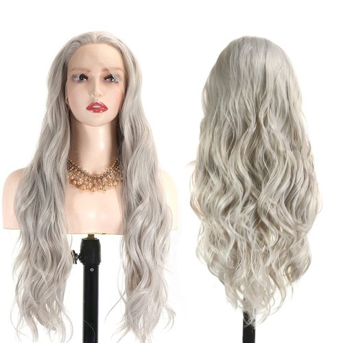 Ash Grey Long Loose Wave Synthetic Lace Front Wigs, URONLYWIG 24 Inch Transparent Synthetic Lace Front Wig for White Women, Loose Frontal Synthetic Heat Resistant Fiber Wigs