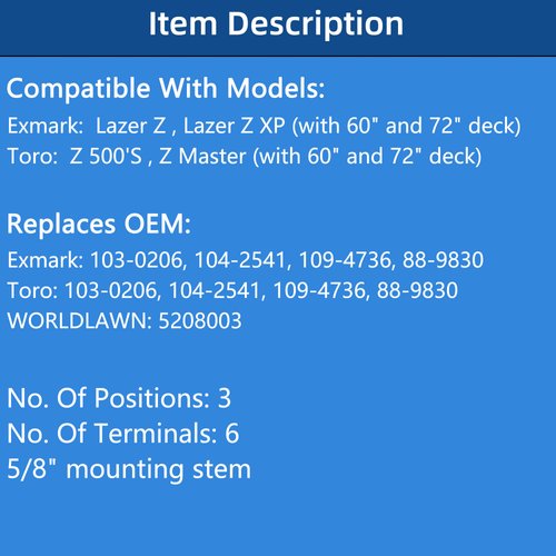 Ignition Switch Compatible with Exmark Lazer Z, Lazer Z XP & Toro Z 500, Z Master with 60" and 72" Deck, 3 Positions, 6 Terminals, Replaces 103-0206, 104-2541, 109-4736, 88-9830, 5208003, 430-334