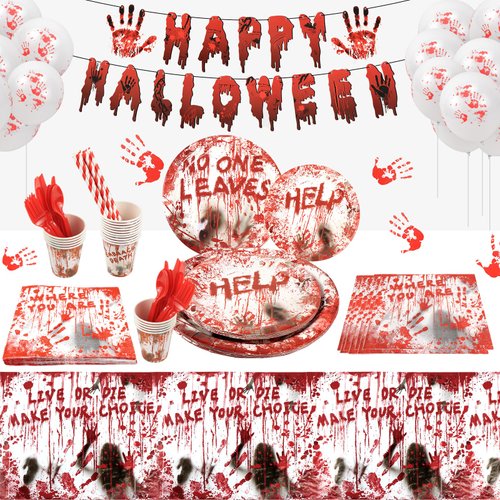 SelfTek 177 Pcs Bloody Halloween Party Supplies Tableware Set, Scary Halloween Party Decorations, Plates and Napkins, Cups, Straw, Napkins, Spoon, Fork, knives, for Horror Themed Supplies (20 Guests)