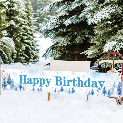 Arctic Polar Animal Birthday Yard Banner Blue Winter Happy Birthday Party Decorations Polar Animal Banner Penguins Polar Bears Seals Courtyard Banner for Boys Girls Baby Shower Birthday Party Supplies